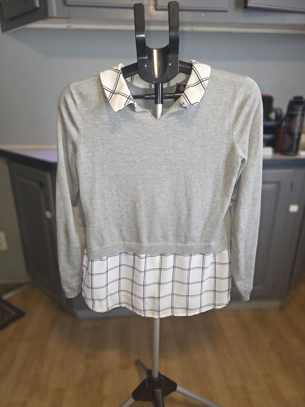 Adrianna Papell Grey Knit Top with Plaid Collar and Hem